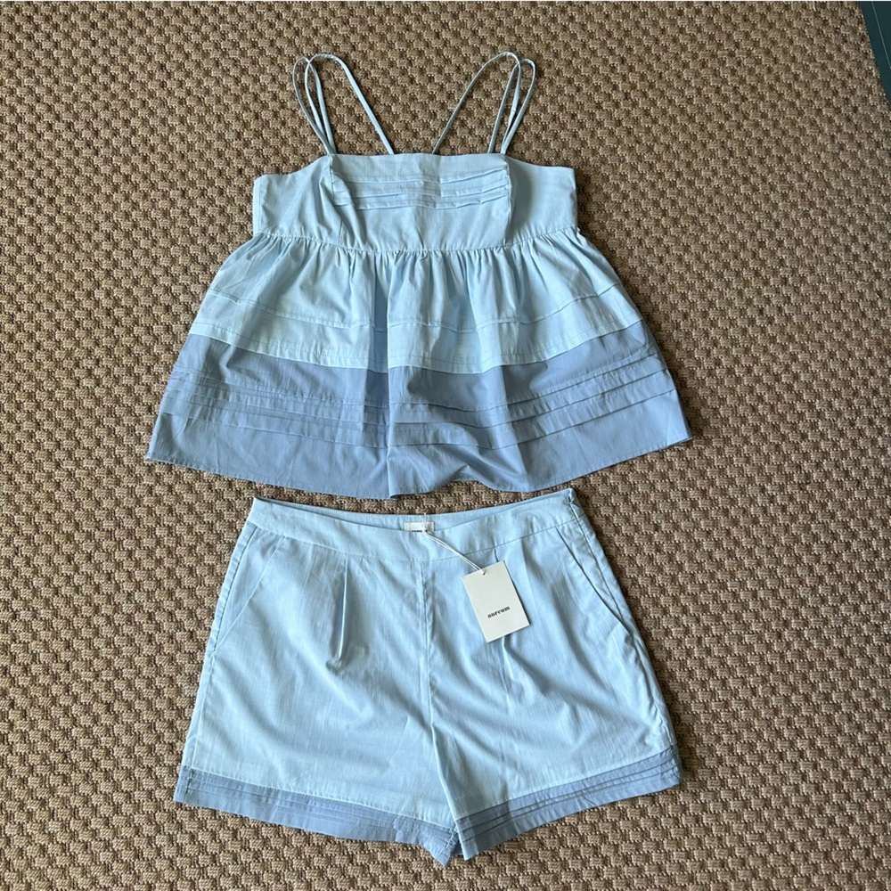 Aureum Pintick Pleated Color-block Cami Spaghetti Strap Top and Short Set